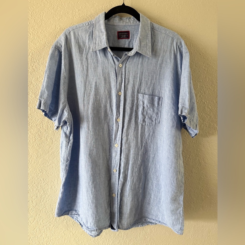 Untuckit Men’s Linen Short Sleeve Button Up Shirt XXL Light Blue Summer Casual